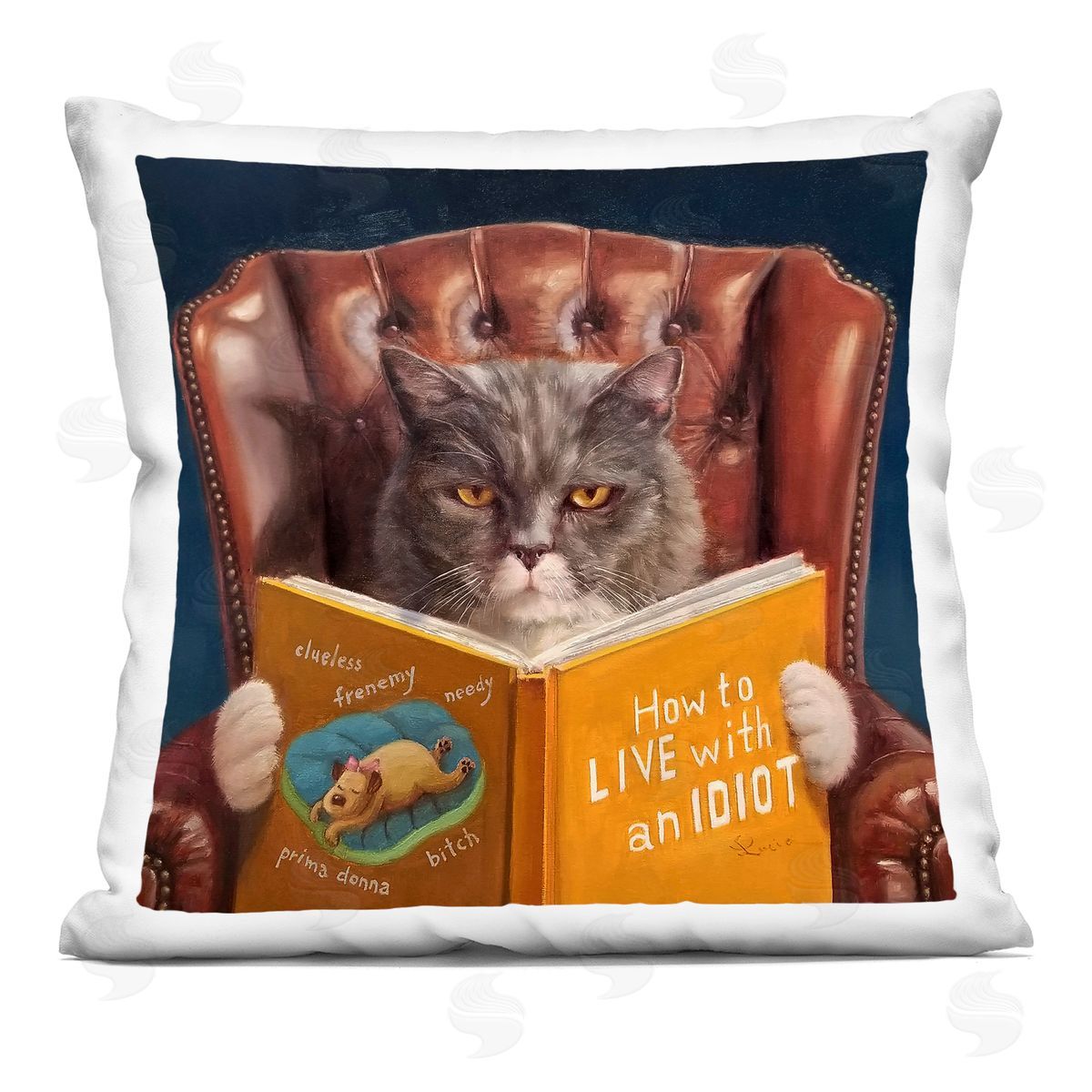 Angry Cat Reading Dog Book Feline Pet Humor Decorative Printed Pillow, Home Decor by Lucia Heffernan