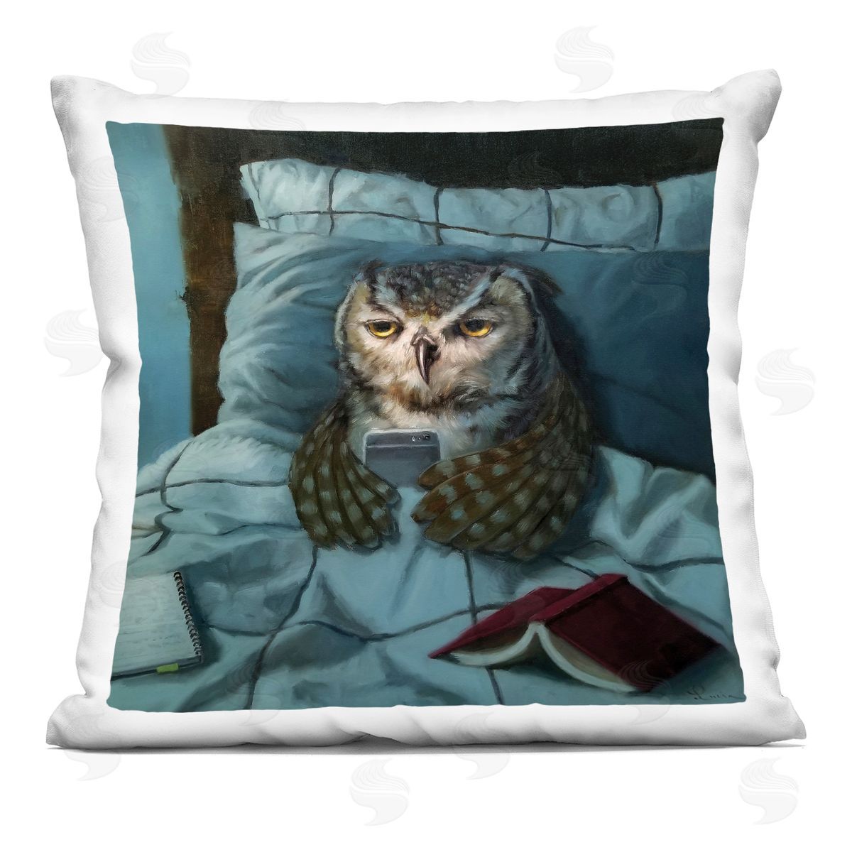 Night Owl on Phone in Bed Funny Animal Decorative Printed Pillow, Home Decor by Lucia Heffernan