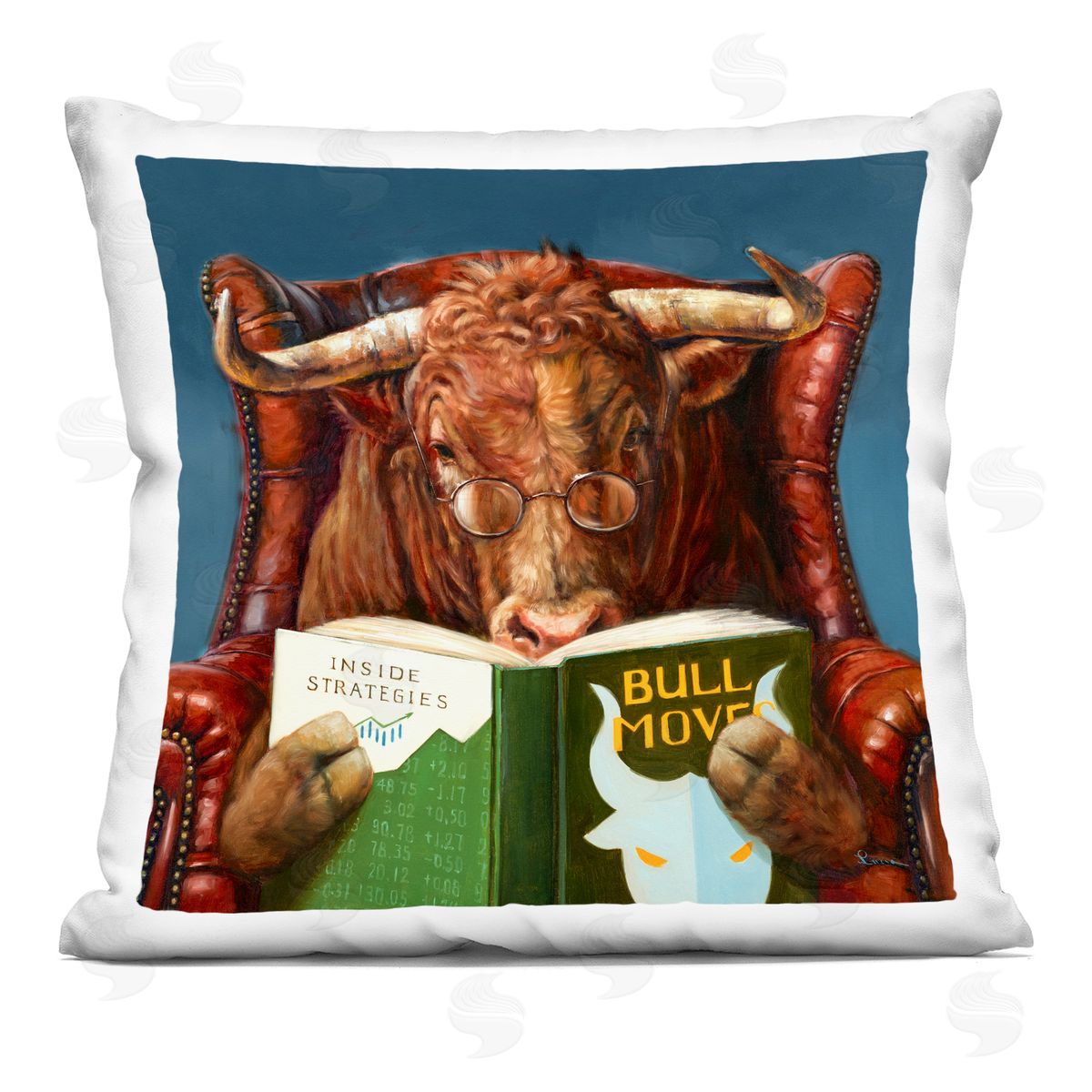 Reading Longhorn Bull Red Sofa Animal Farm Literature Decorative Printed Pillow, Home Decor by Lucia Heffernan