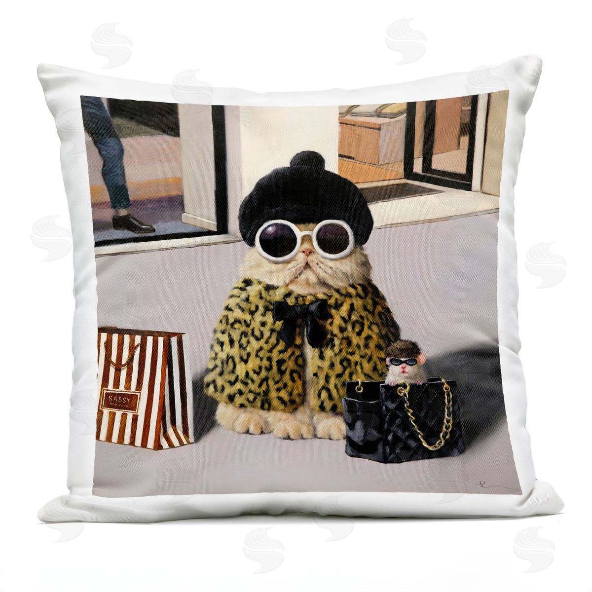Sassy Glam Cat Designer Fashion Couture Handbag Outdoor Printed Pillow, Home Decor by Lucia Heffernan