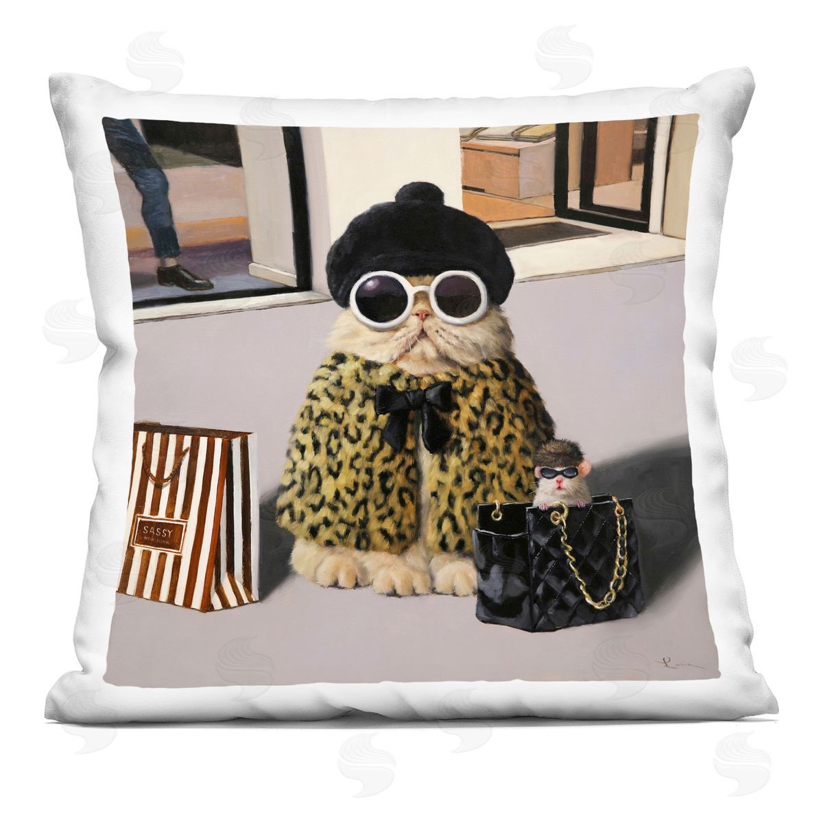 Sassy Glam Cat Designer Fashion Couture Handbag Decorative Printed Pillow, Home Decor by Lucia Heffernan