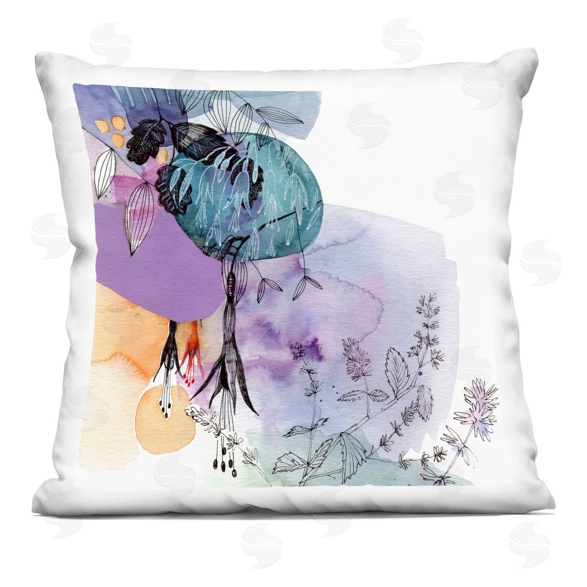 Delicate Floral Blooms Layered Shapes Decorative Printed Pillow, Home Decor by Verbrugge Watercolor