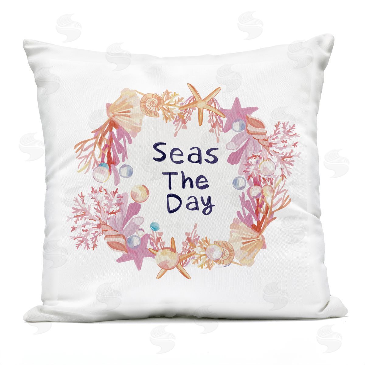 Seas The Day Seashell Ocean Botanical Wreath Outdoor Printed Pillow, Home Decor by Amelia Noyes