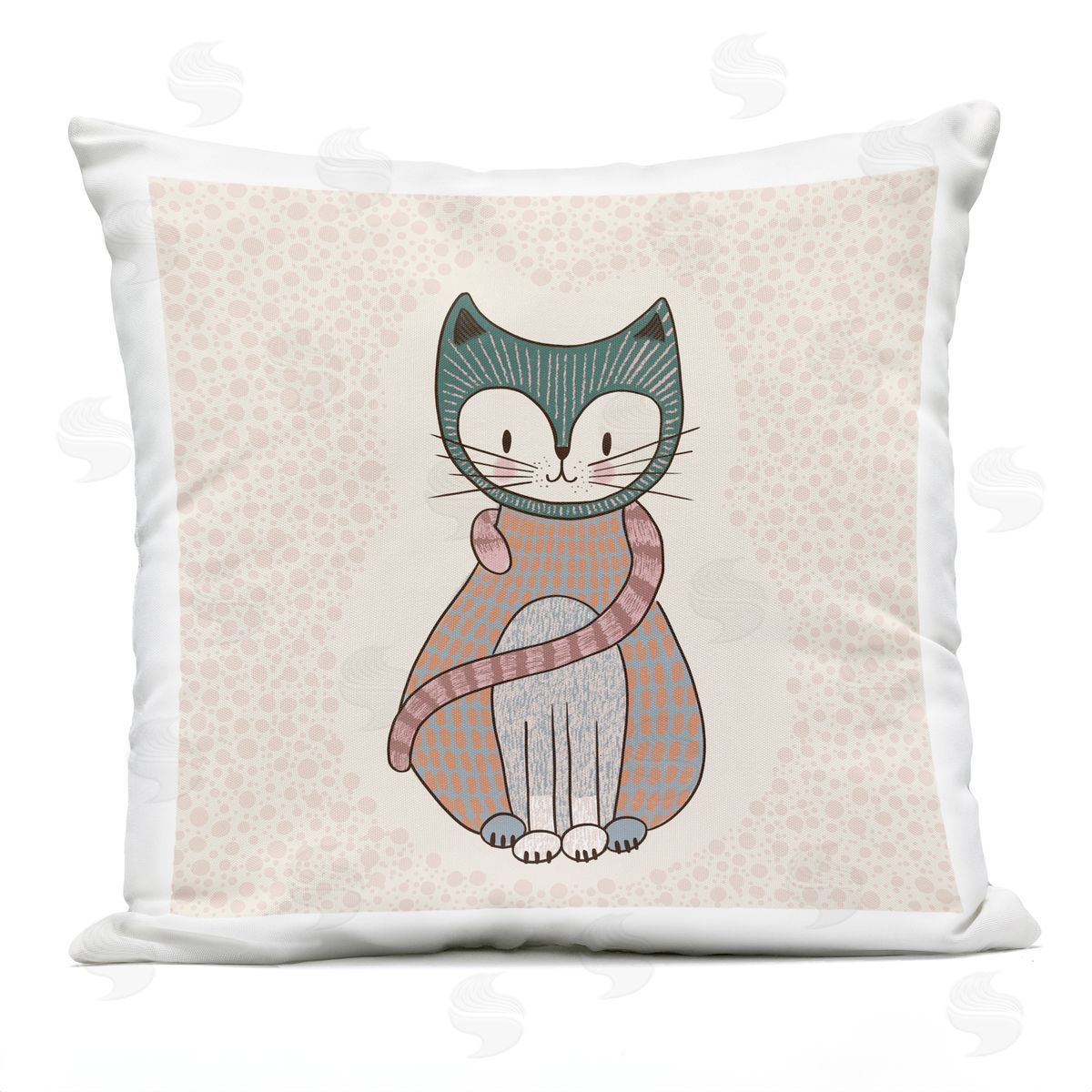 Whimsical Patterned Cat Smiling Animal Outdoor Printed Pillow, Home Decor by Birgit Maria Kiennast