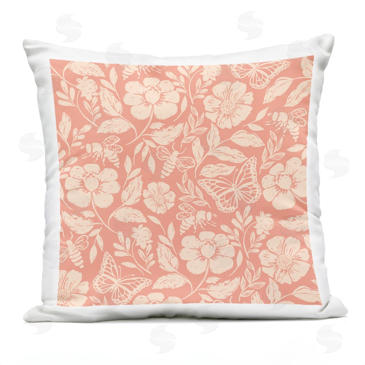 Pink Butterflies & Bees Floral Insect Pattern Outdoor Printed Pillow, Home Decor by Caroline Alfreds
