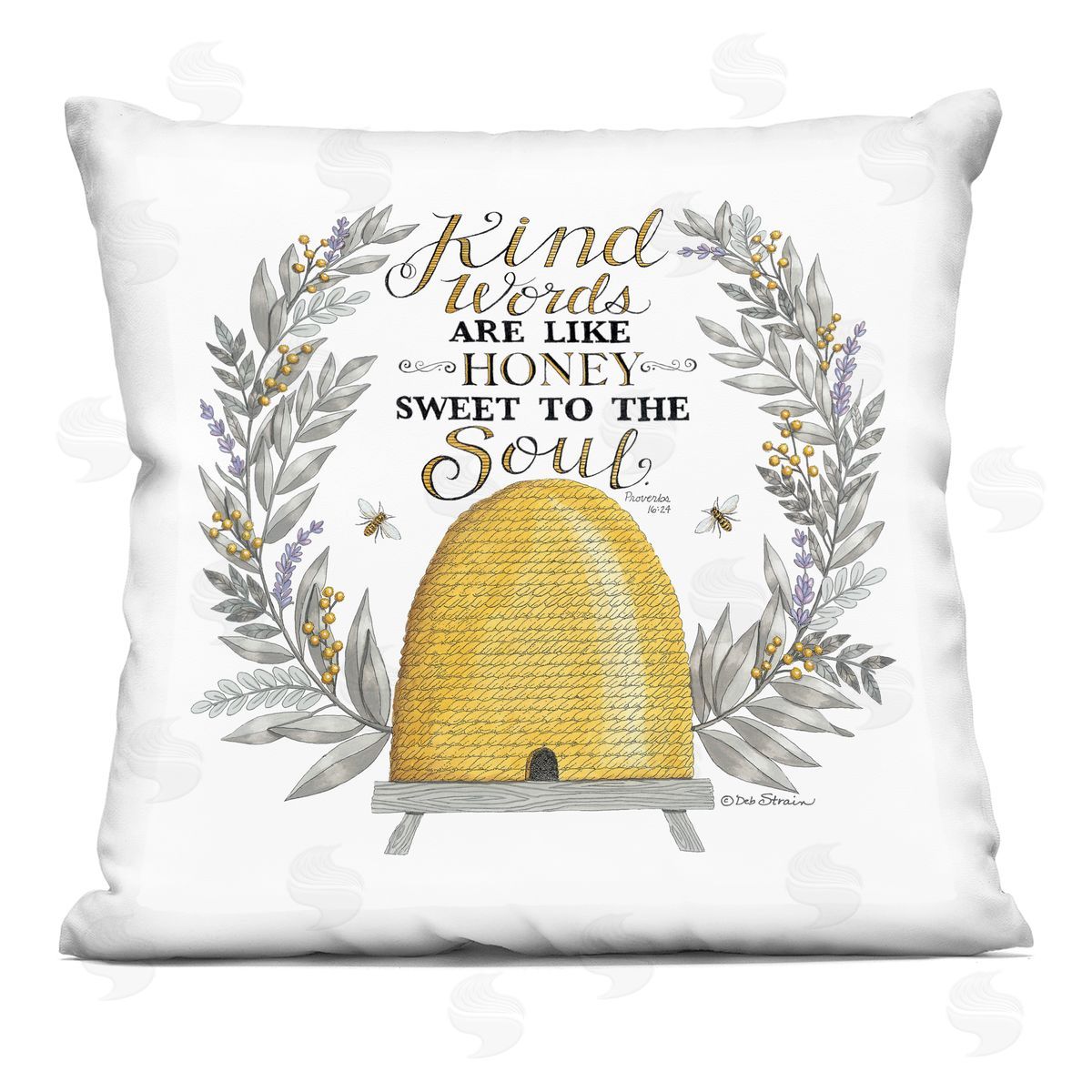 Kindness Phrase Uplifting Honey Bee Botanical Decorative Printed Pillow, Home Decor by Deb Strain
