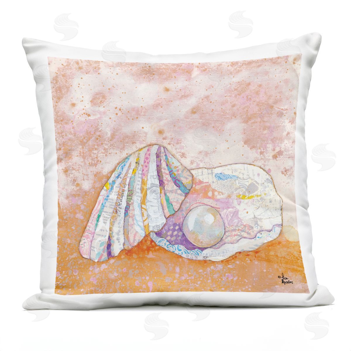 Collaged Clamshell Pearl Nautical Beach Shore Outdoor Printed Pillow, Home Decor by Lisa Morales