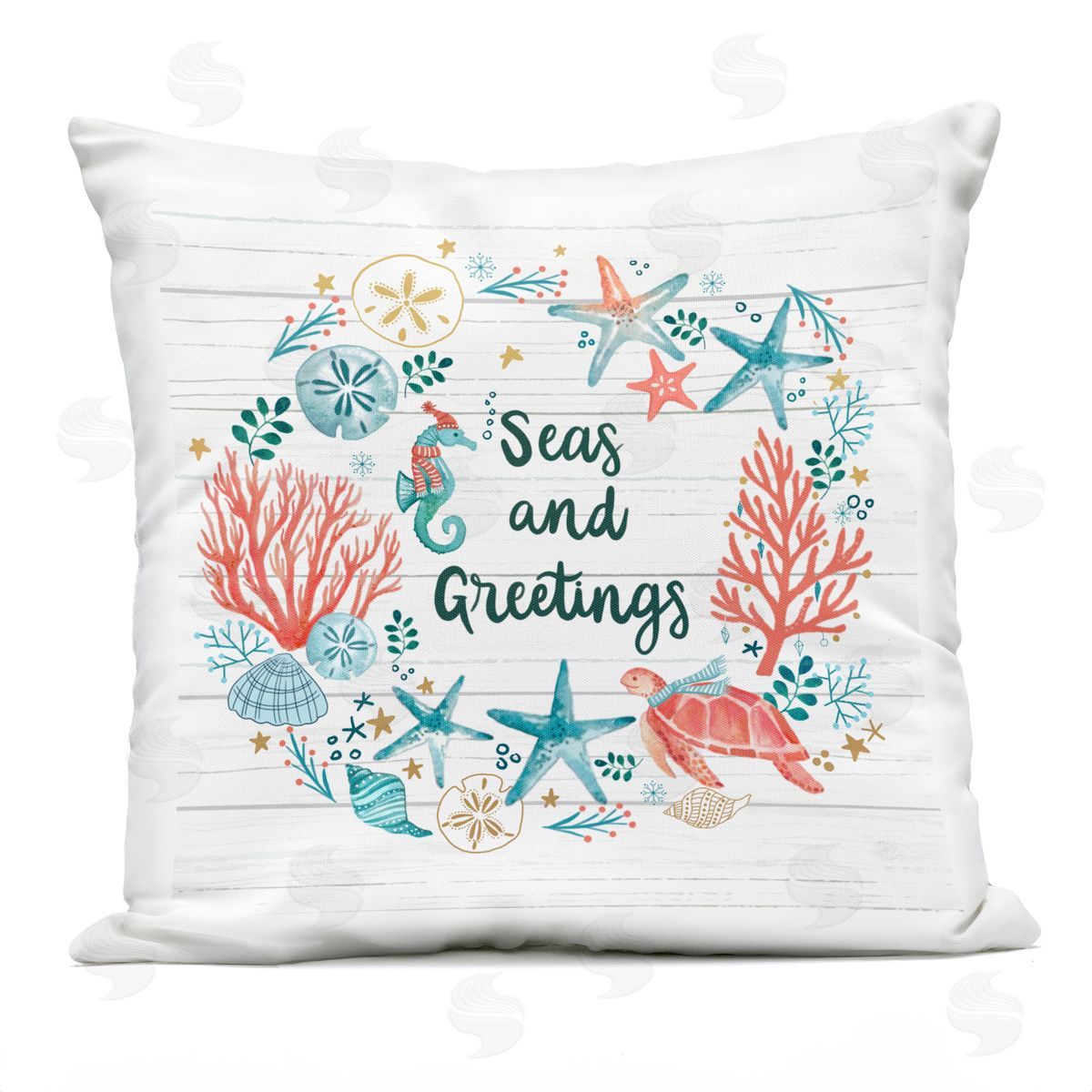Seas And Greetings Beach Botanical Wreath Outdoor Printed Pillow, Home Decor by Sharon Lee