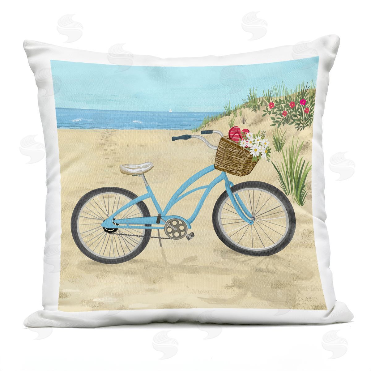Blue Beach Bicycle Flower Basket Outdoor Printed Pillow, Home Decor by Sharon Lee