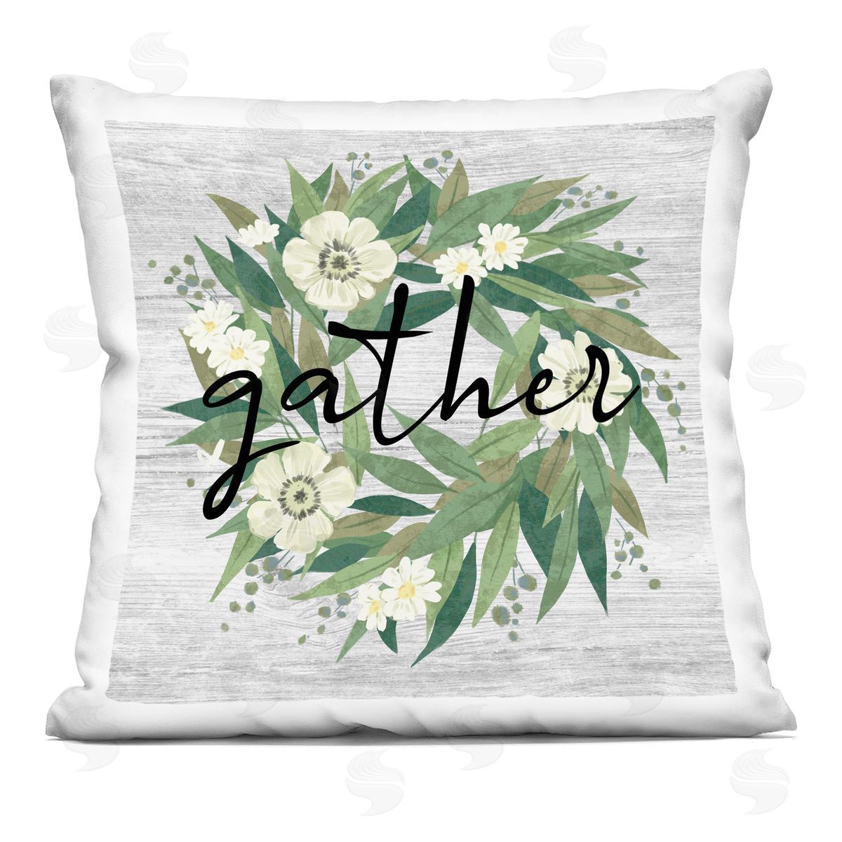 Gather Calligraphy Rustic Flower Wreath Decorative Printed Pillow, Home Decor by Ziwei Li