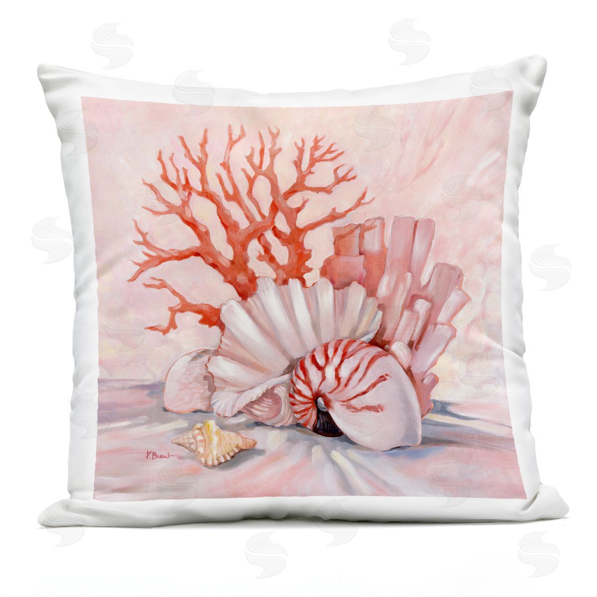 Various Red Pink Seashells Coral Still Life Outdoor Printed Pillow, Home Decor by Paul Brent
