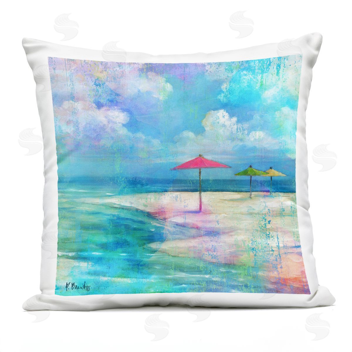 Coastal Beach Umbrella Shoreline Scene Outdoor Printed Pillow, Home Decor by Paul Brent