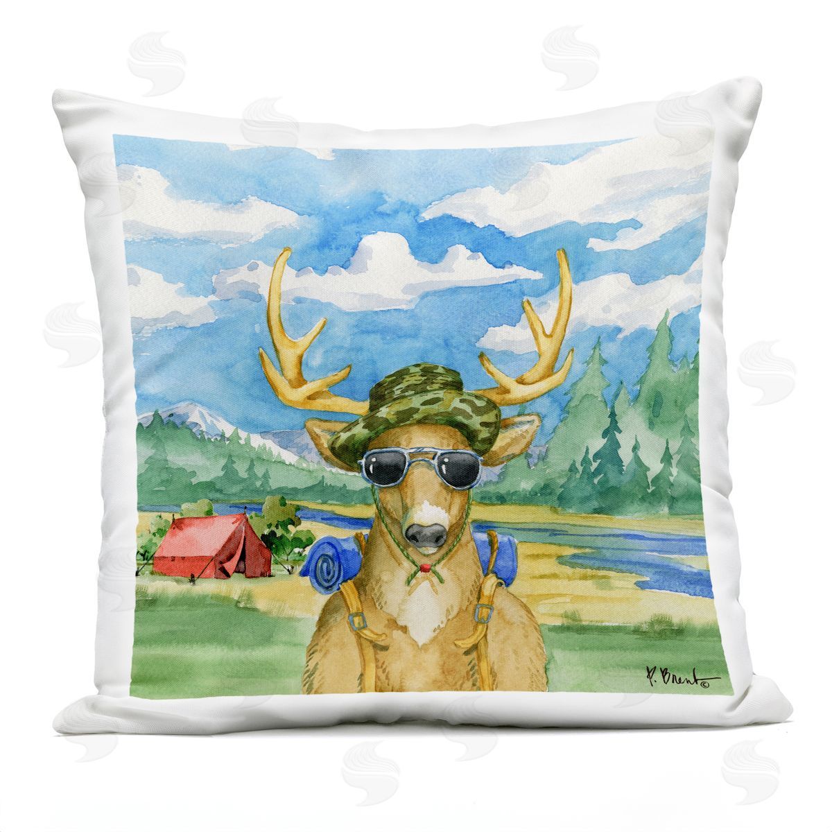 Camping Gear Deer Nature Pitched Tent Outdoor Printed Pillow, Home Decor by Paul Brent