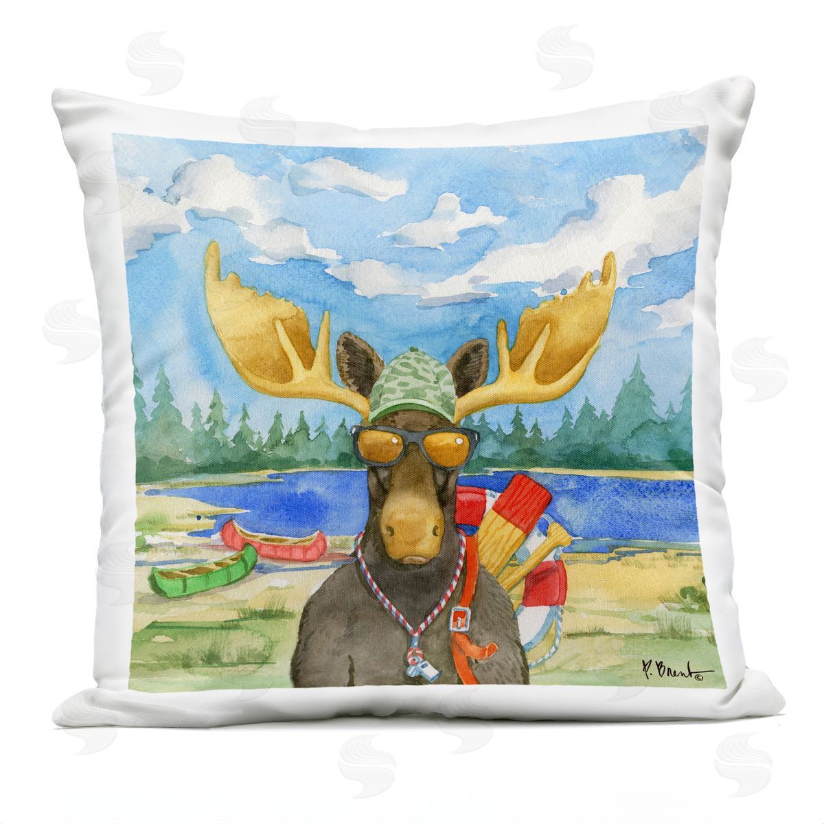 Lake Lifeguard Moose Wildlife Camping Canoes Outdoor Printed Pillow, Home Decor by Paul Brent