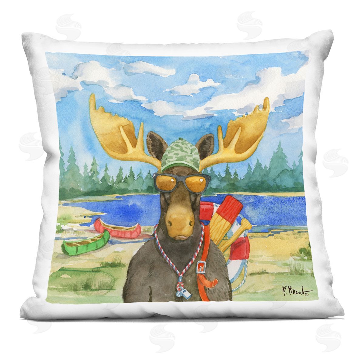 Lake Lifeguard Moose Wildlife Camping Canoes Decorative Printed Pillow, Home Decor by Paul Brent