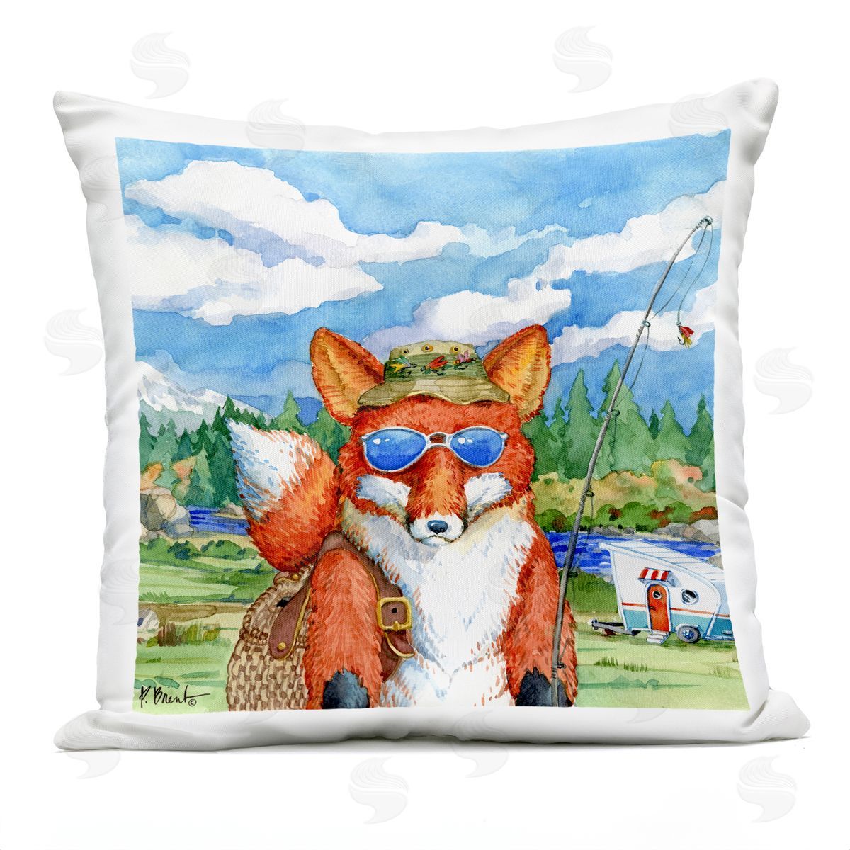 Fisherman Fox Wildlife Camping Landscape Outdoor Printed Pillow, Home Decor by Paul Brent