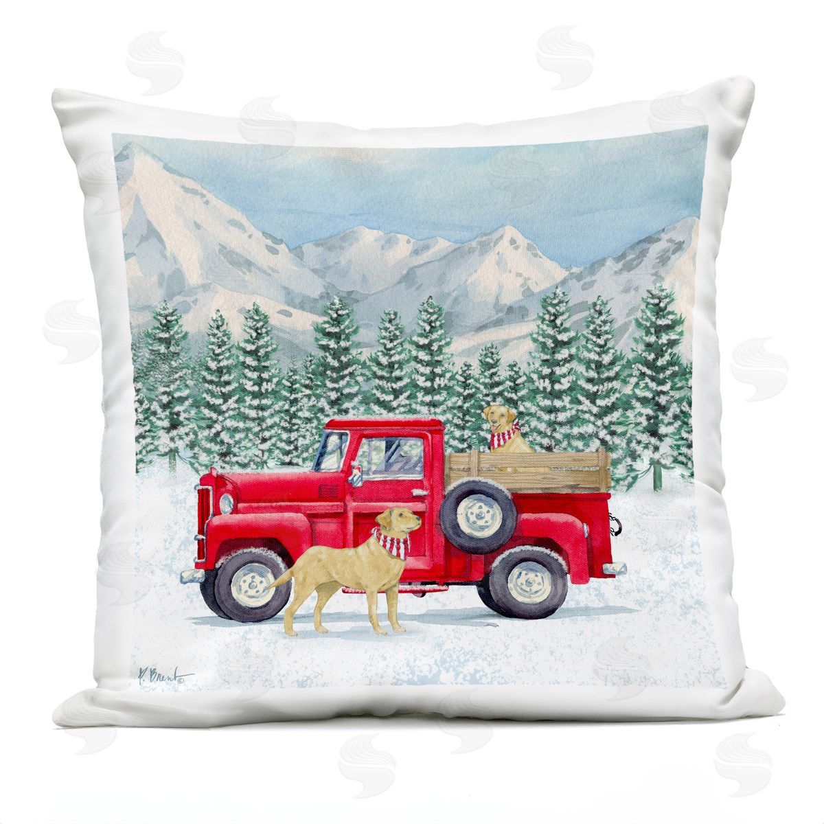 Winter Dogs Snowy Mountainside Red Truck Outdoor Printed Pillow, Home Decor by Paul Brent