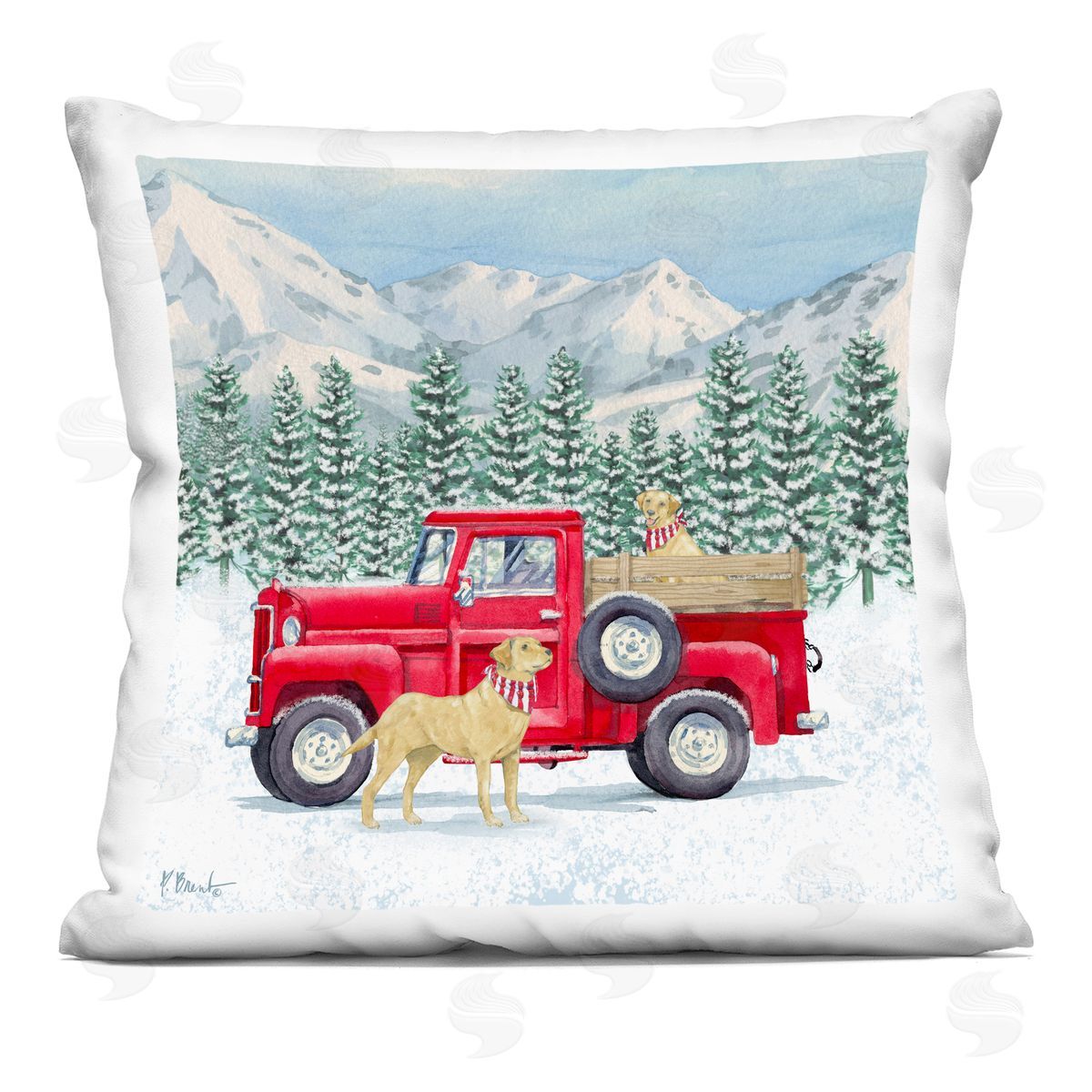 Winter Dogs Snowy Mountainside Red Truck Decorative Printed Pillow, Home Decor by Paul Brent