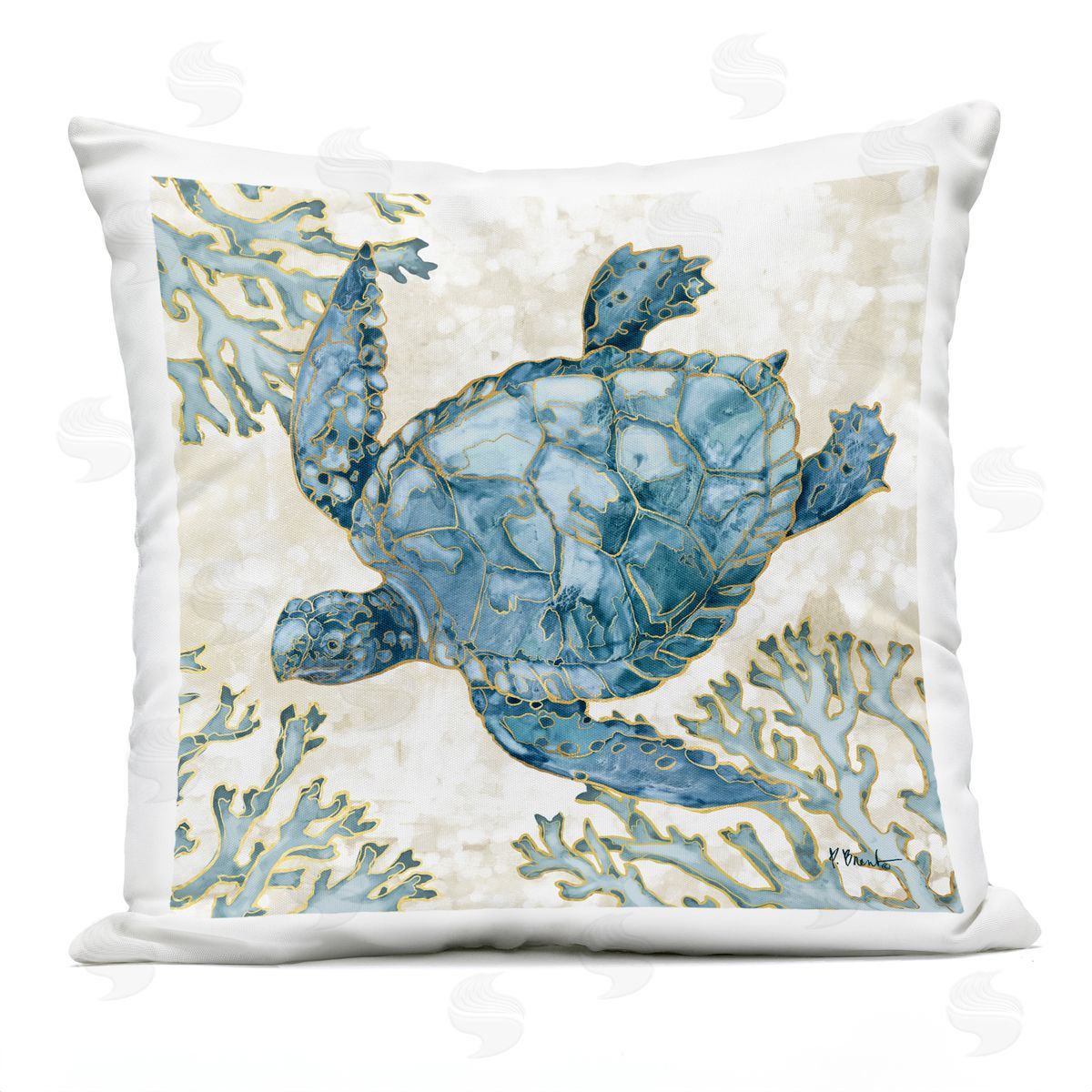 Blue Swimming Sea Turtle Coral Outline Outdoor Printed Pillow, Home Decor by Paul Brent