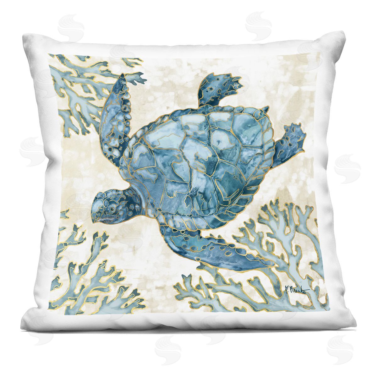 Blue Swimming Sea Turtle Coral Outline Decorative Printed Pillow, Home Decor by Paul Brent
