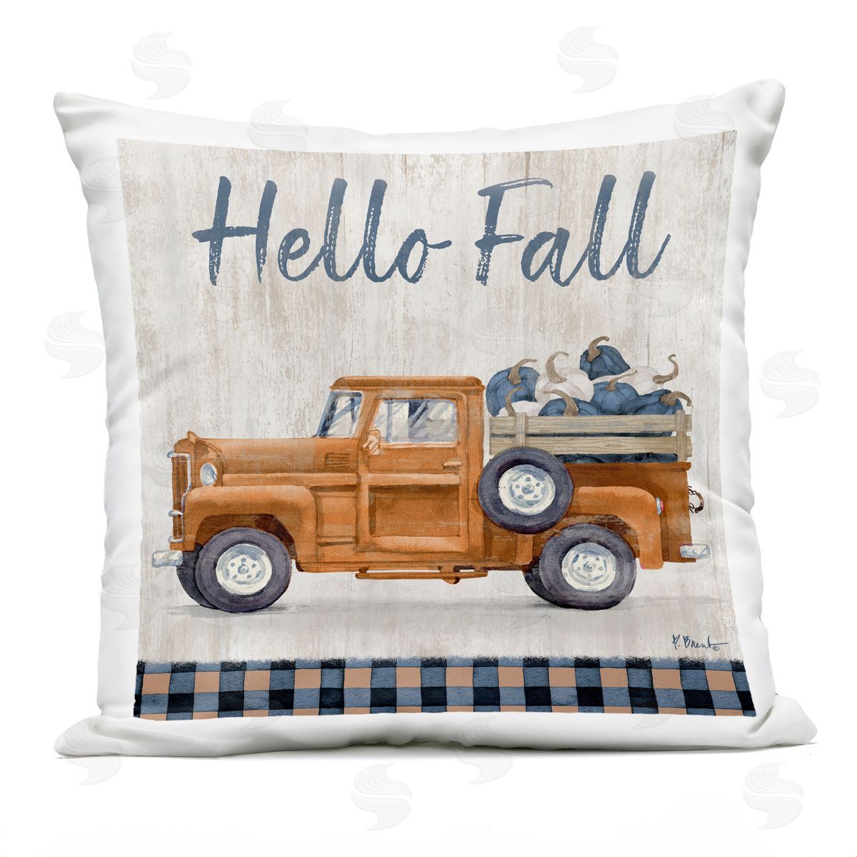 Hello Fall Pumpkin Truckload Rustic Tartan Outdoor Printed Pillow, Home Decor by Paul Brent
