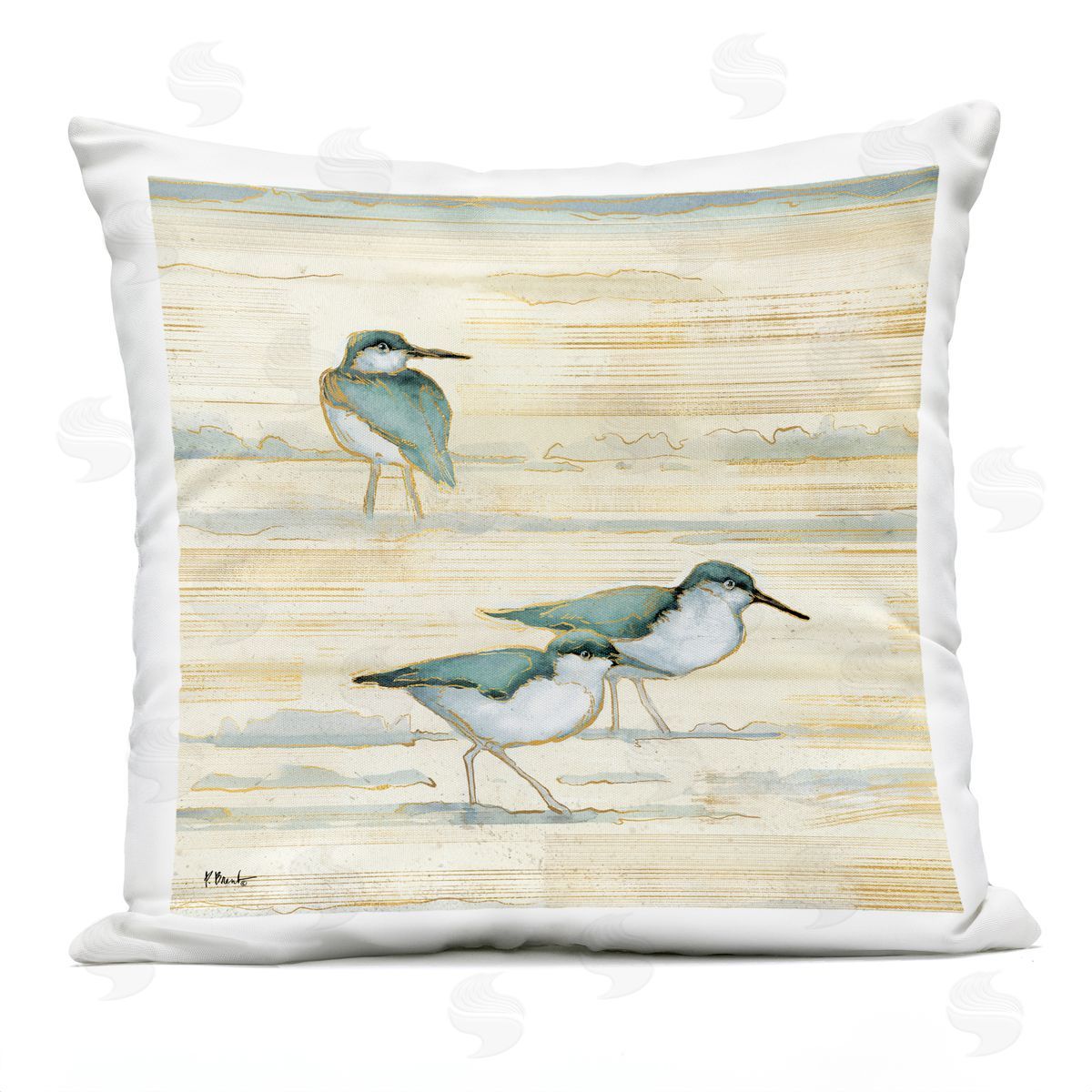 Sandpipers Walking Abstract Beach Sand Outdoor Printed Pillow, Home Decor by Paul Brent