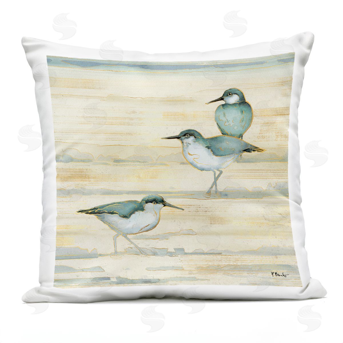Three Sandpipers Walking Beach Coast Outdoor Printed Pillow, Home Decor by Paul Brent