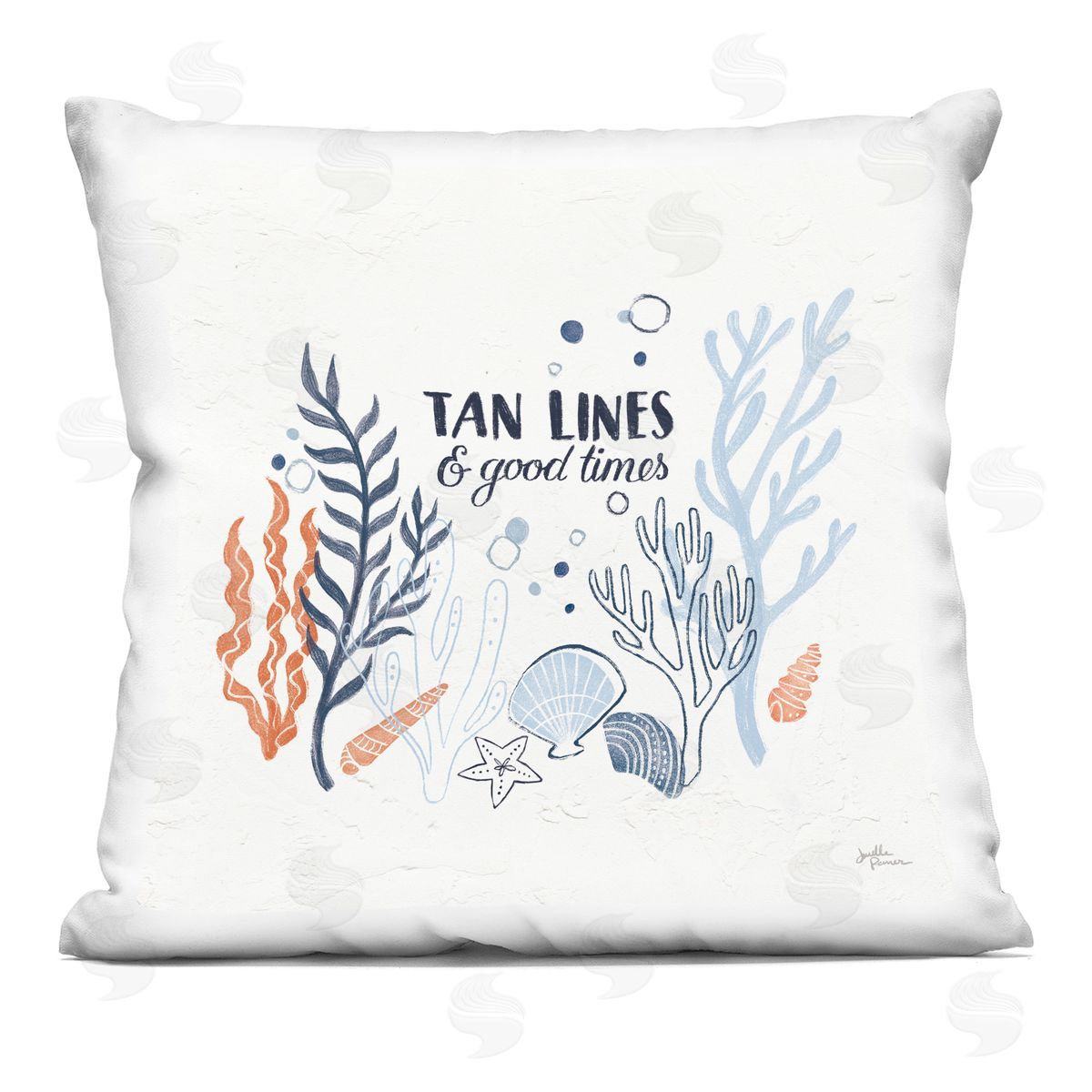 Tan Lines Beach Quote Various Seashells Decorative Printed Pillow, Home Decor by Janelle Penner