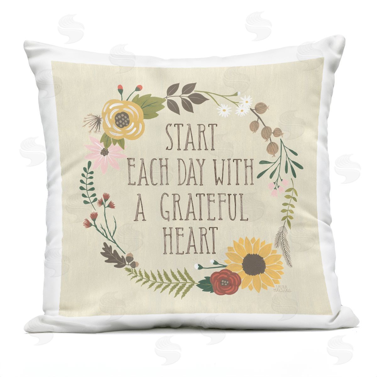 Grateful Heart Botanical Bordered Phrase Outdoor Printed Pillow, Home Decor by Laura Marshall