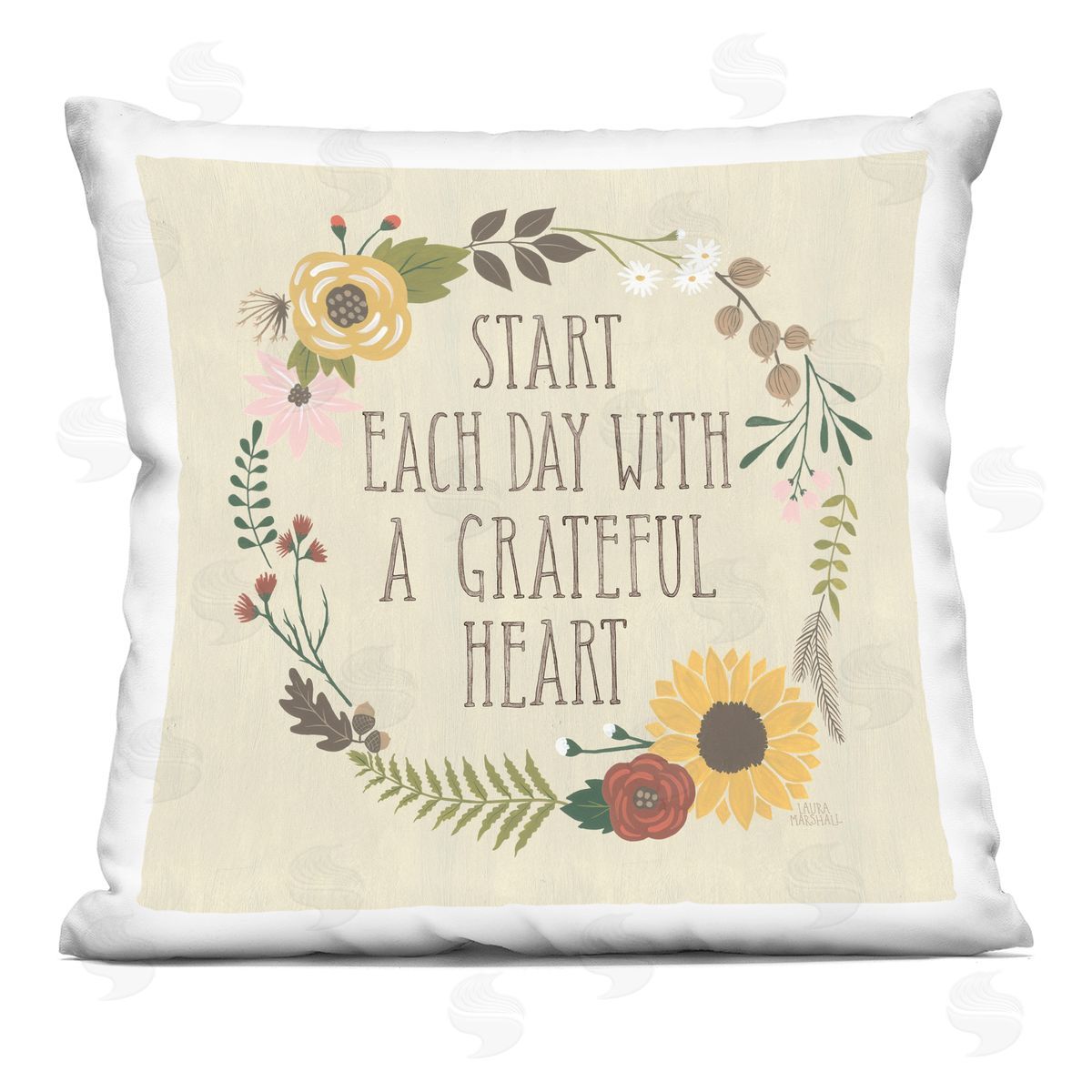 Grateful Heart Botanical Bordered Phrase Decorative Printed Pillow, Home Decor by Laura Marshall