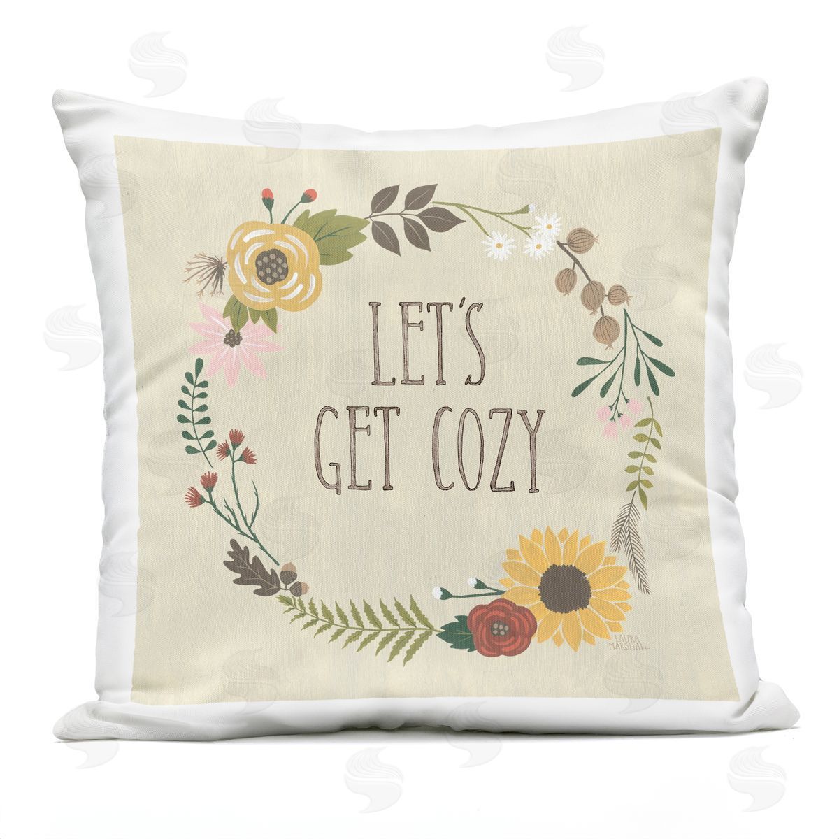 Let's Get Cozy Botanical Flower Border Outdoor Printed Pillow, Home Decor by Laura Marshall