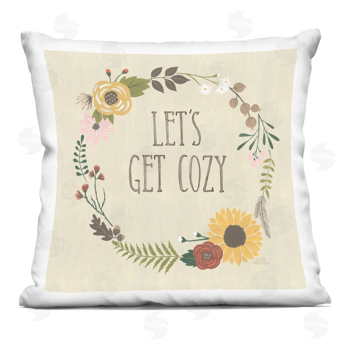 Let's Get Cozy Botanical Flower Border Decorative Printed Pillow, Home Decor by Laura Marshall