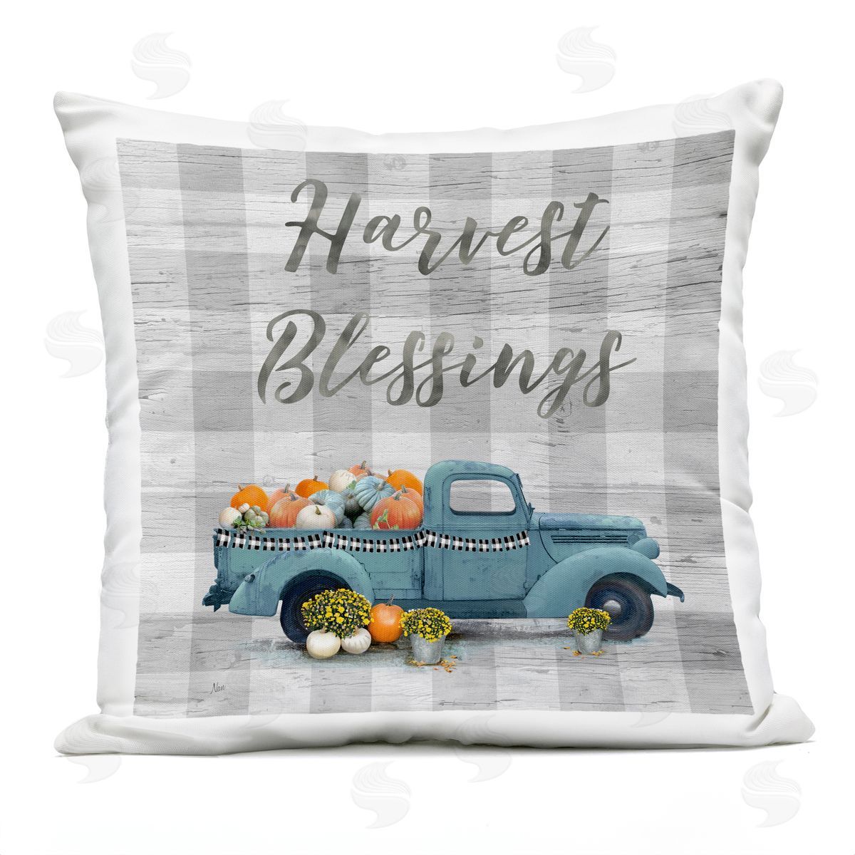 Harvest Blessings Gray Plaid Pumpkins Truck Outdoor Printed Pillow, Home Decor by Nan