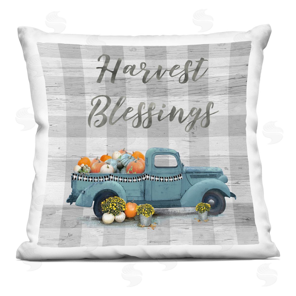 Harvest Blessings Gray Plaid Pumpkins Truck Decorative Printed Pillow, Home Decor by Nan
