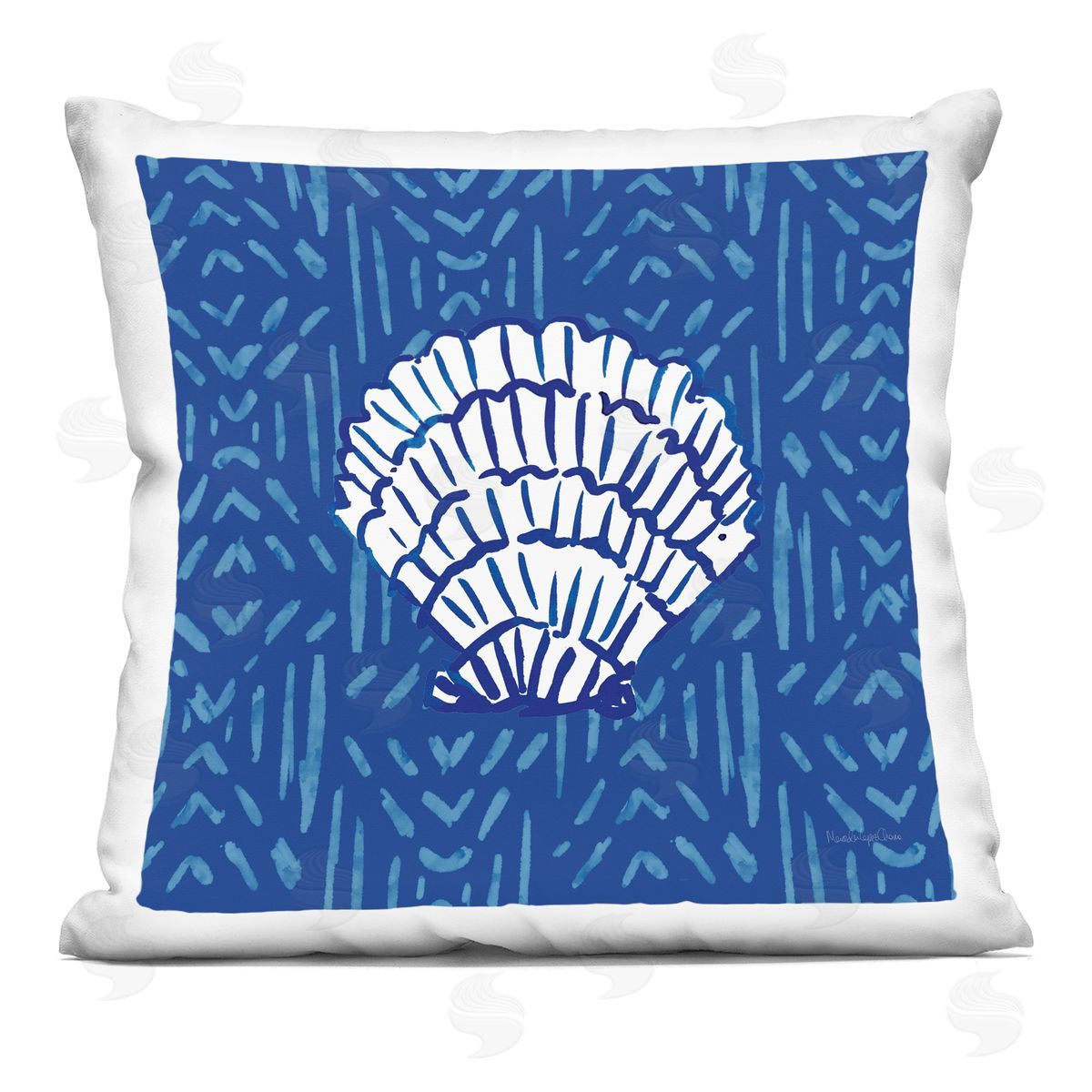 Coastal White Seashell Blue Striped Pattern Decorative Printed Pillow, Home Decor by Mercedes Lopez Charro