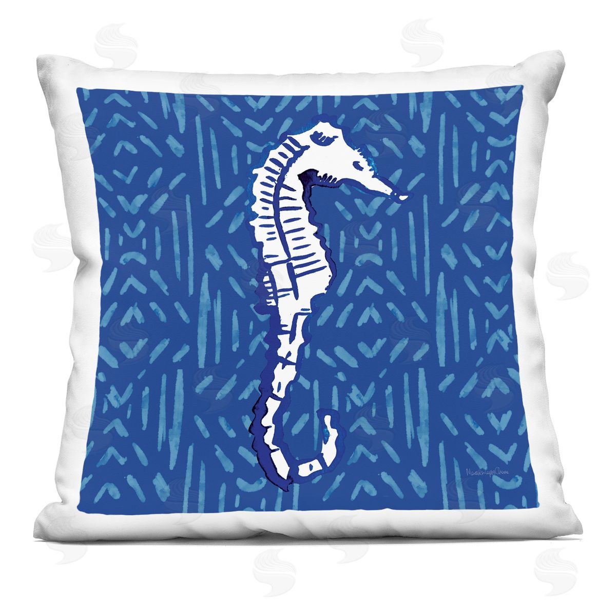 White Seahorse Aquatic Blue Diamond Pattern Decorative Printed Pillow, Home Decor by Mercedes Lopez Charro