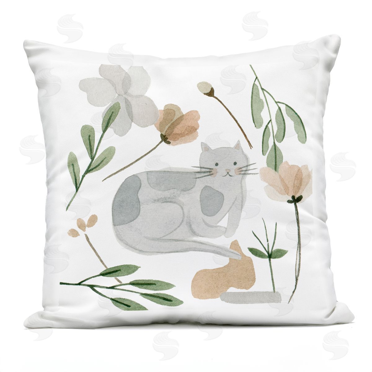 Cozy Gray Cat Flower Petal Botanicals Outdoor Printed Pillow, Home Decor by Melissa Wang