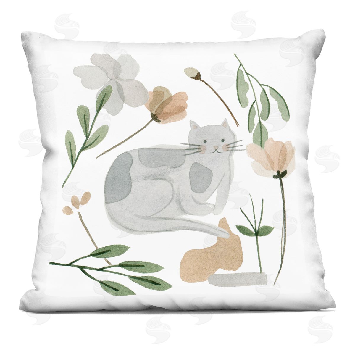 Cozy Gray Cat Flower Petal Botanicals Decorative Printed Pillow, Home Decor by Melissa Wang