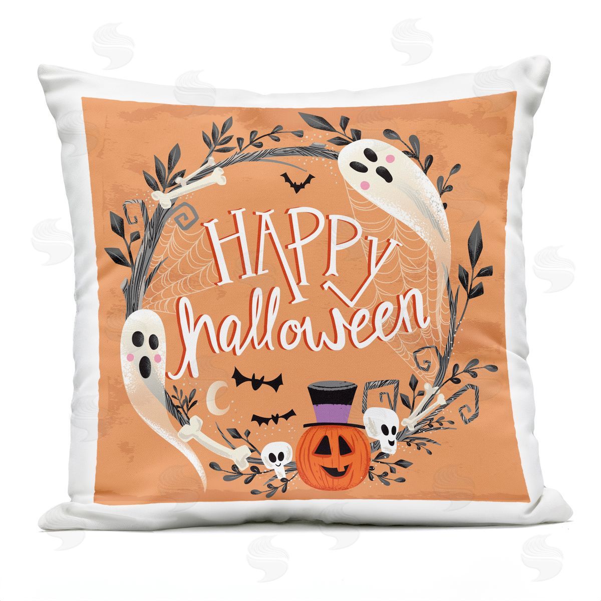 Whimsical Orange Happy Halloween Ghosts Wreath Outdoor Printed Pillow, Home Decor by Arrolynn Weiderhold