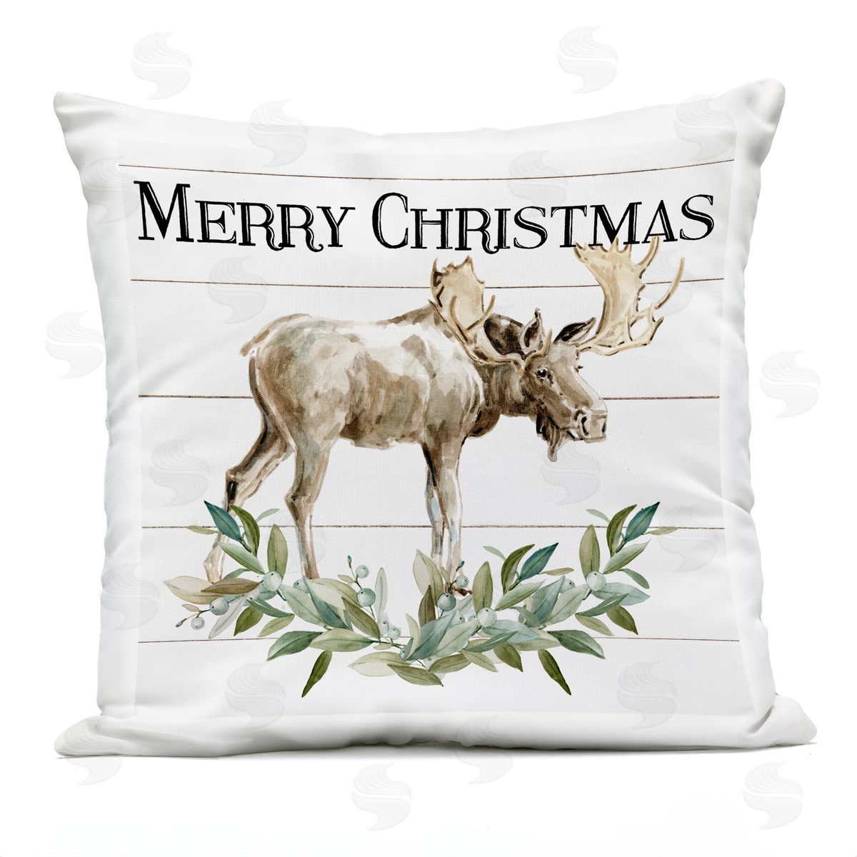 Merry Christmas Botanical Moose Plank Pattern Outdoor Printed Pillow, Home Decor by Carol Robinson