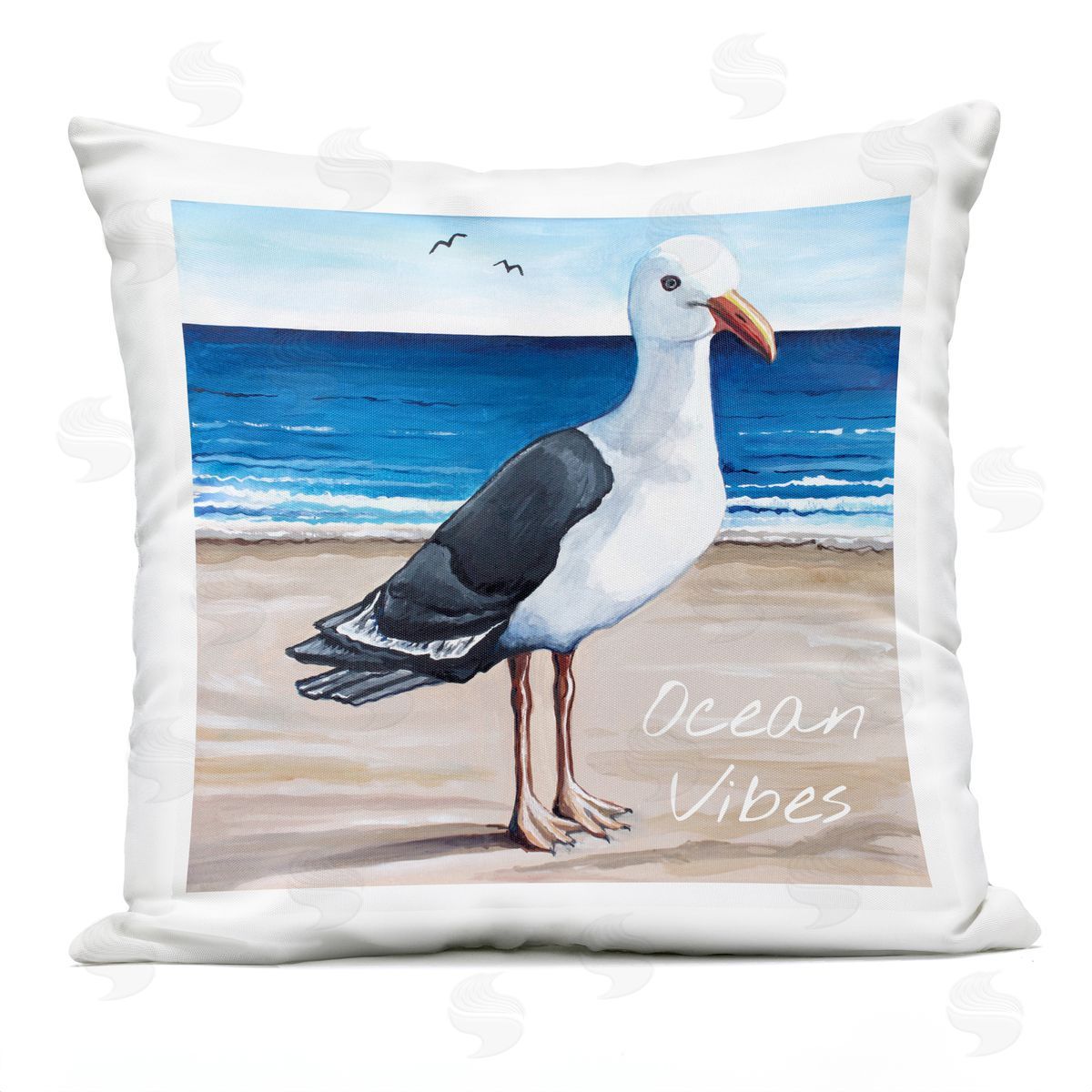 Ocean Vibes Seagull Standing Vivid Beach Shore Outdoor Printed Pillow, Home Decor by Elizabeth Tyndall