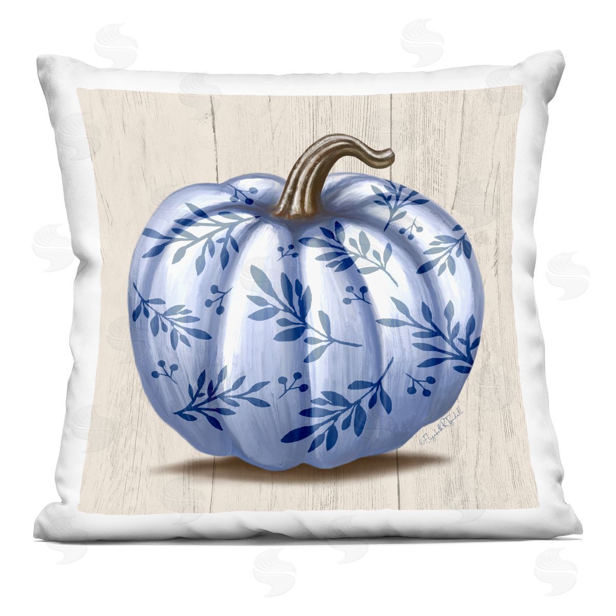 Botanical Patterned Pumpkin Rustic Plank Design Decorative Printed Pillow, Home Decor by Elizabeth Tyndall