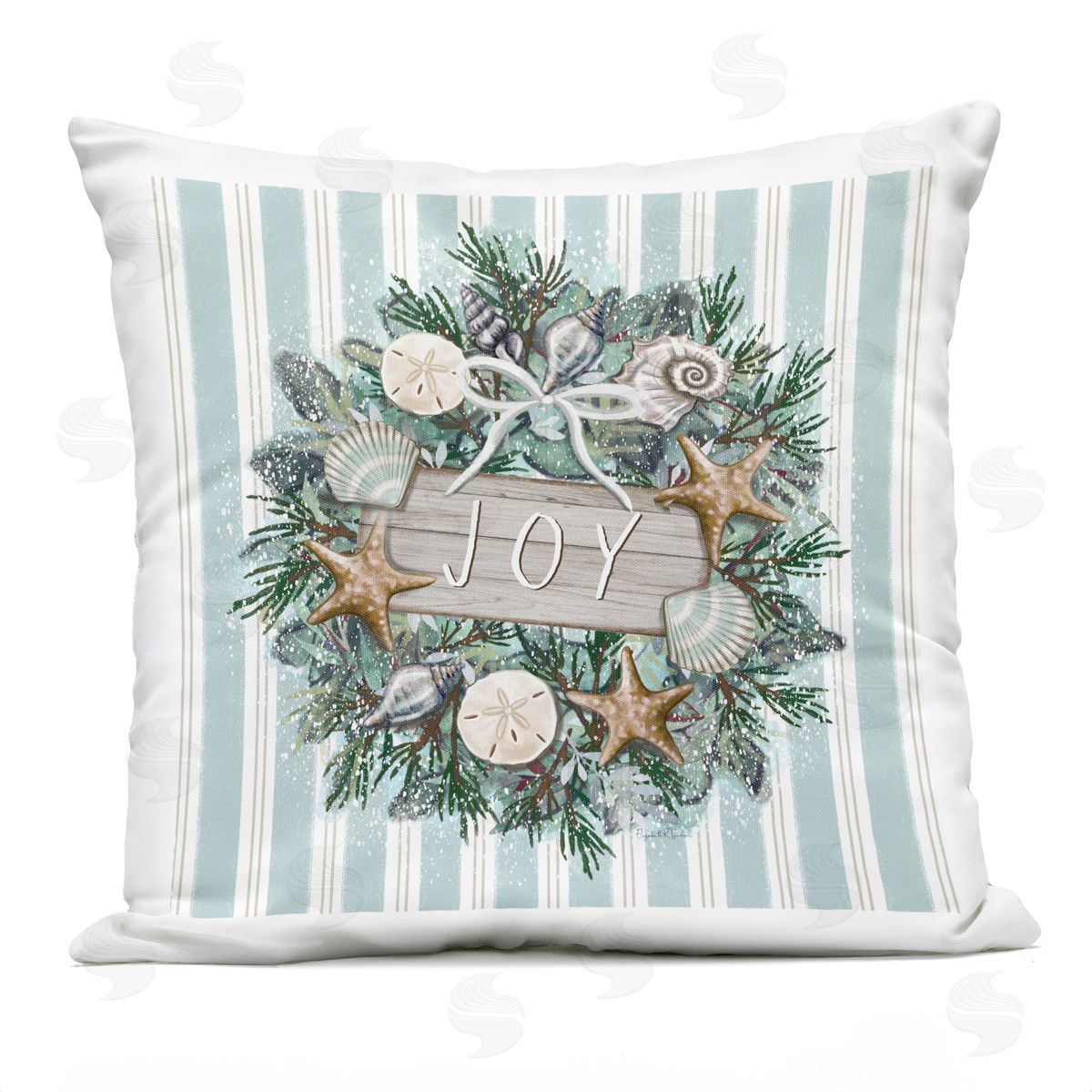 Nautical Seashell Holiday Wreath Blue Stripes Outdoor Printed Pillow, Home Decor by Elizabeth Tyndall