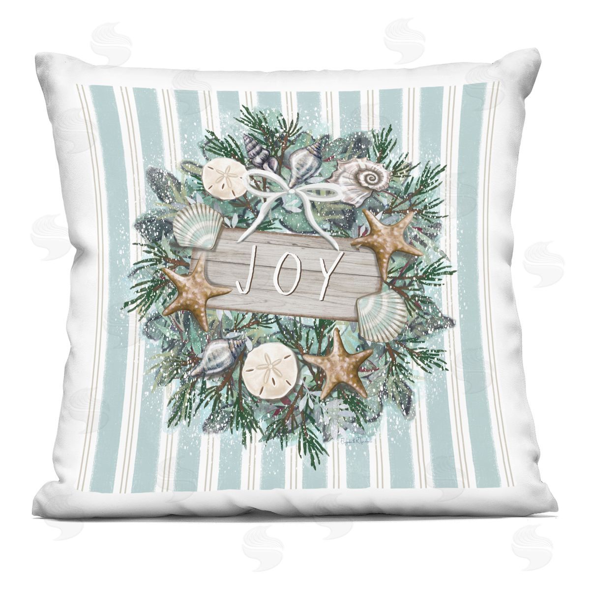 Nautical Seashell Holiday Wreath Blue Stripes Decorative Printed Pillow, Home Decor by Elizabeth Tyndall