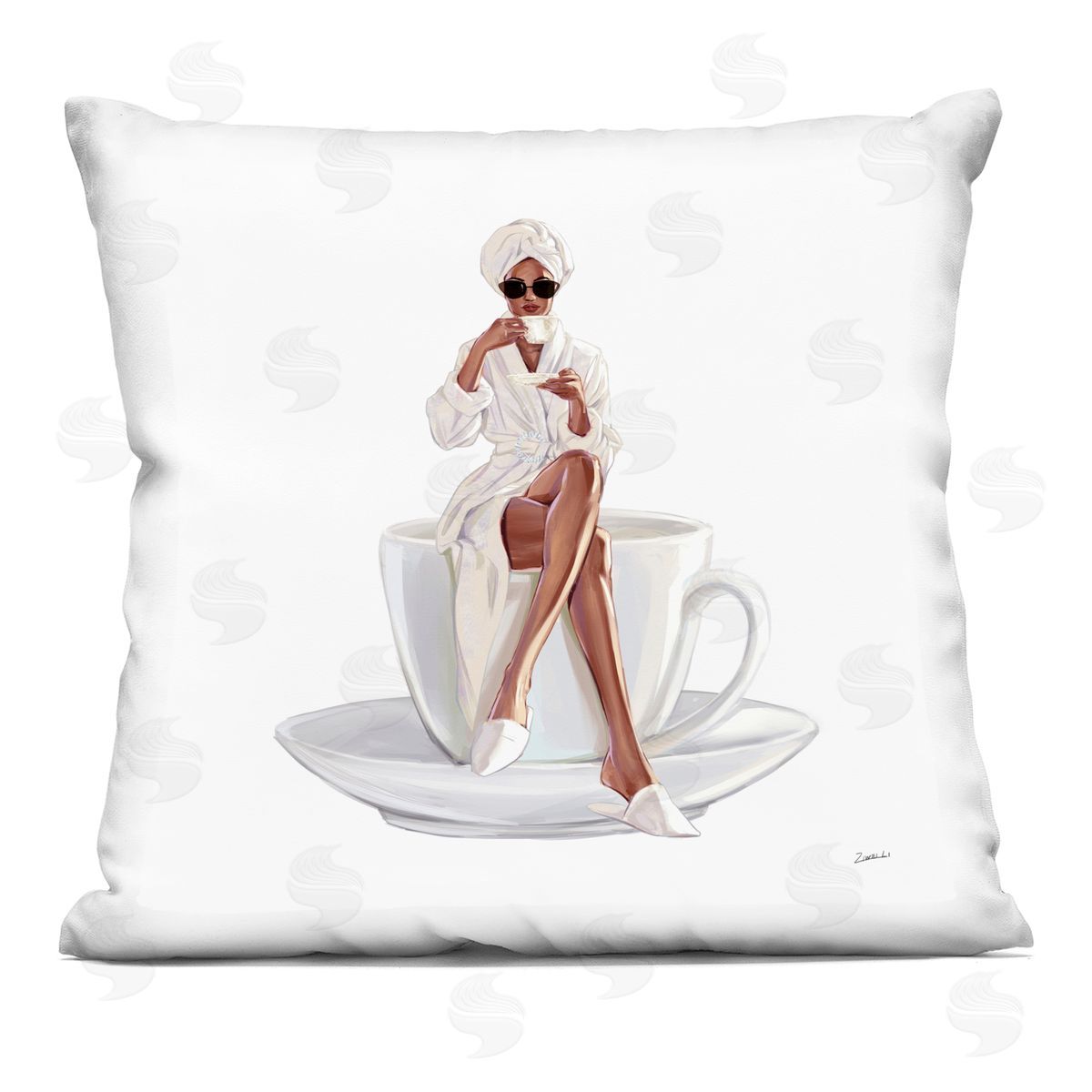 Trendy Woman in Bathrobe Sitting Coffee Cup Decorative Printed Pillow, Home Decor by Ziwei Li