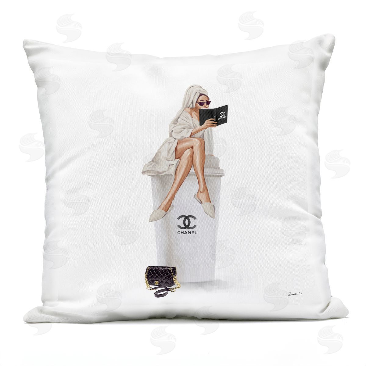 Morning Coffee Trendy Glam Woman Sitting Outdoor Printed Pillow, Home Decor by Ziwei Li
