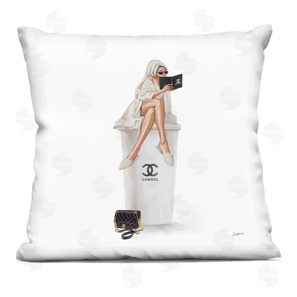 Morning Coffee Trendy Glam Woman Sitting Decorative Printed Pillow, Home Decor by Ziwei Li
