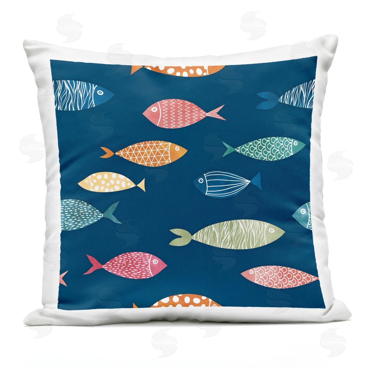 Blue Mixed Fish Shapes Various Patterns Outdoor Printed Pillow, Home Decor by JJ Design House LLC