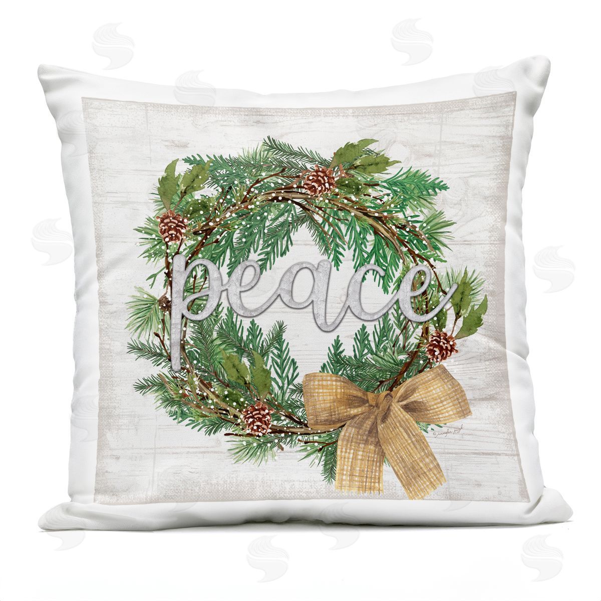 Holiday Botanical Wreath Bow Peace Typography Outdoor Printed Pillow, Home Decor by Jennifer Pugh