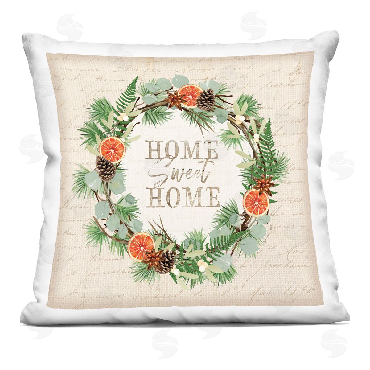 Sweet Home Vintage Cursive Script Wreath Decorative Printed Pillow, Home Decor by Jennifer Pugh